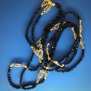 Black Spinel Layered Necklace with Gold Fleur Plated Motif - Women Jewelry